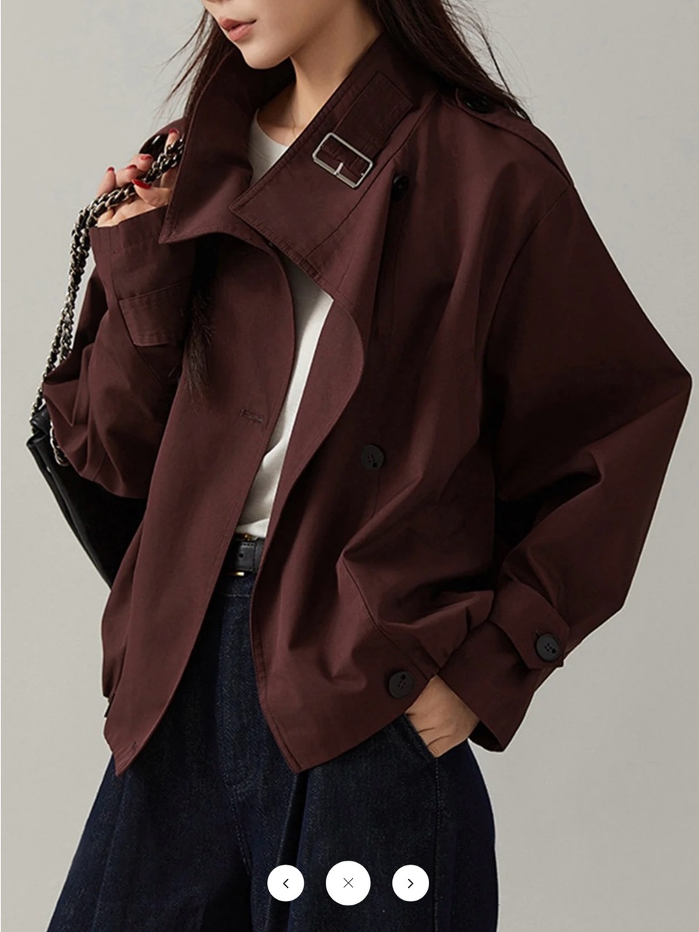 Commense Vintage Loose Trench Coat Short Trench - Burgundy - Large